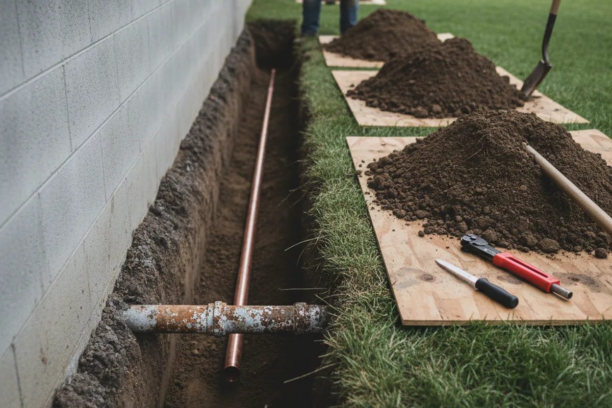 Excavated water line trench during Water Heater Repair in Bloomington